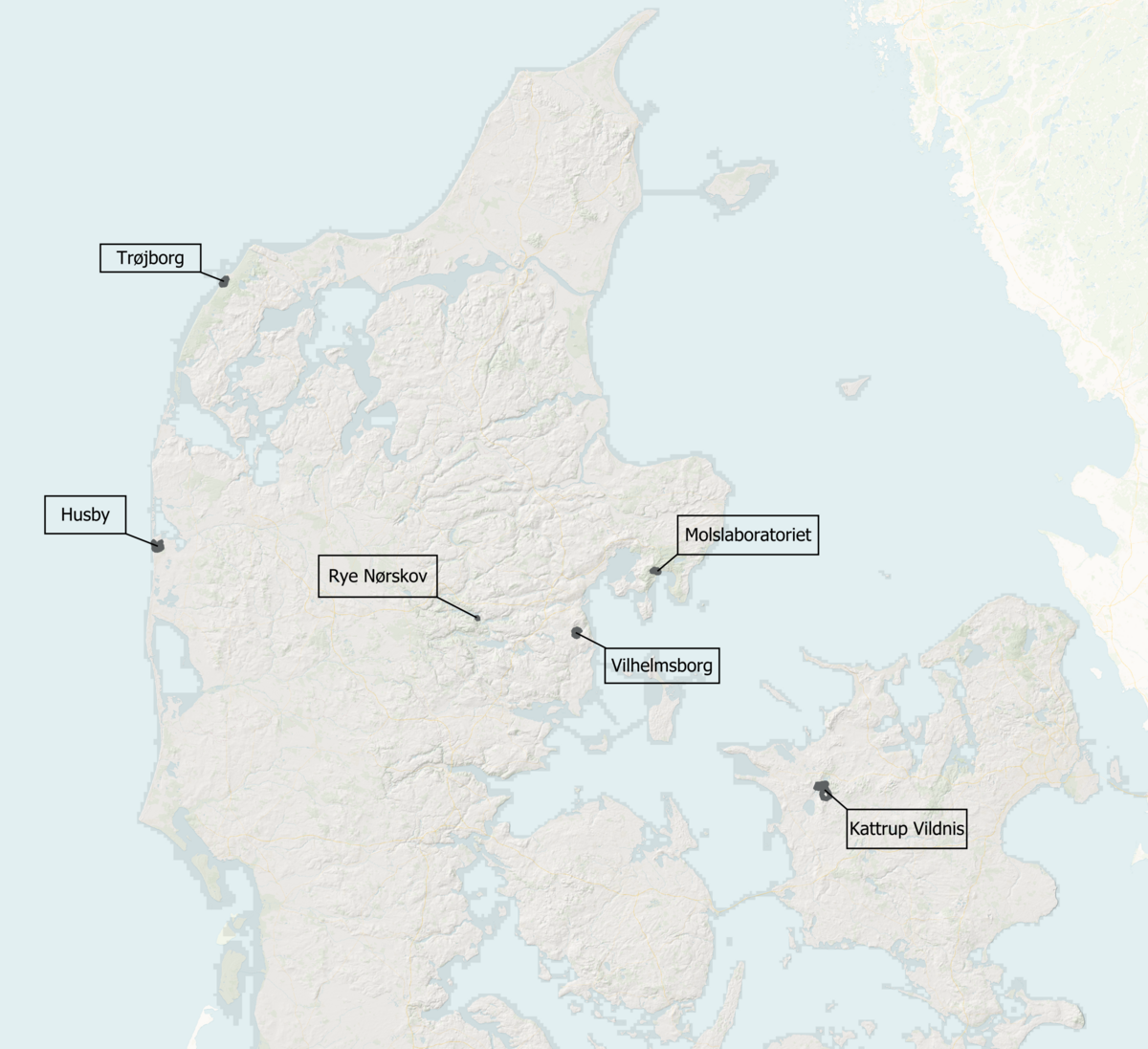 Map of Denmark, showing the location of fieldwork areas. Made by Claus Hindberg