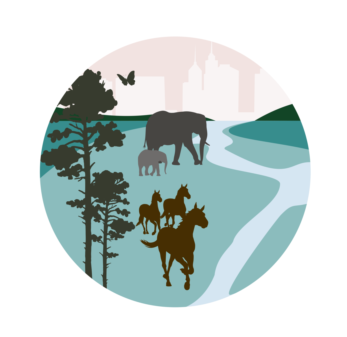 Elephants, horses, river and trees