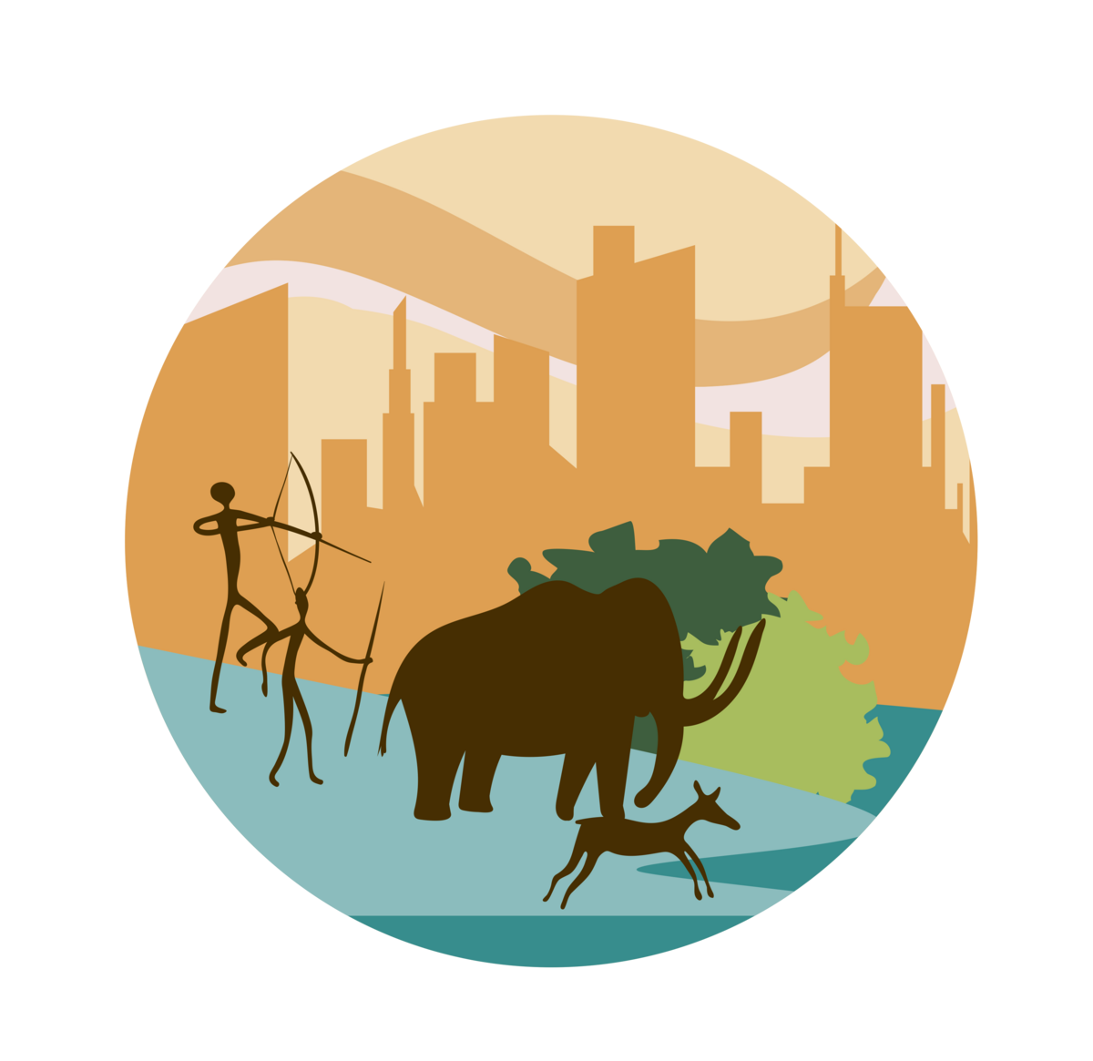 An elephant, prehistoric humans, trees, and buildings