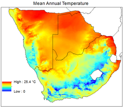 Map made by: Virginia Settepani Map of Mean Annual Temperature of SOuthern Africa with data from AfriClim - Platts et al 2014, African Journal of Ecology